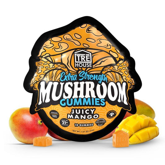 TRĒ House Juicy Mango mushroom gummies extra-strength 10 count bag highlighting upgraded formula and tropical mango flavor.