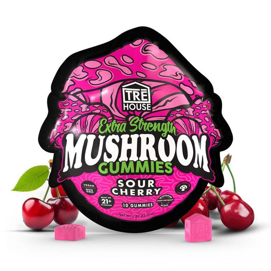 TRĒ House Sour Cherry mushroom gummies extra-strength 10 count bag highlighting upgraded formula and bold cherry candy flavor.
