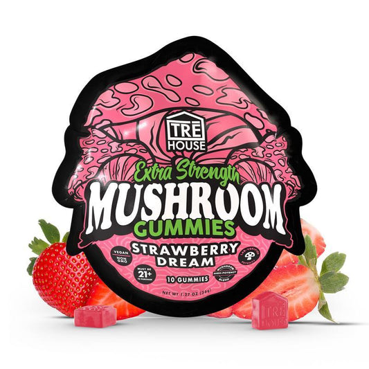 TRĒ House Strawberry Dream mushroom gummies, extra-strength 10 count bag, highlighting upgraded formula and strawberry flavor.
