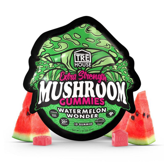 TRĒ House Watermelon Wonder mushroom gummies, extra-strength 10 count bag, highlighting upgraded formula and juicy watermelon flavor.