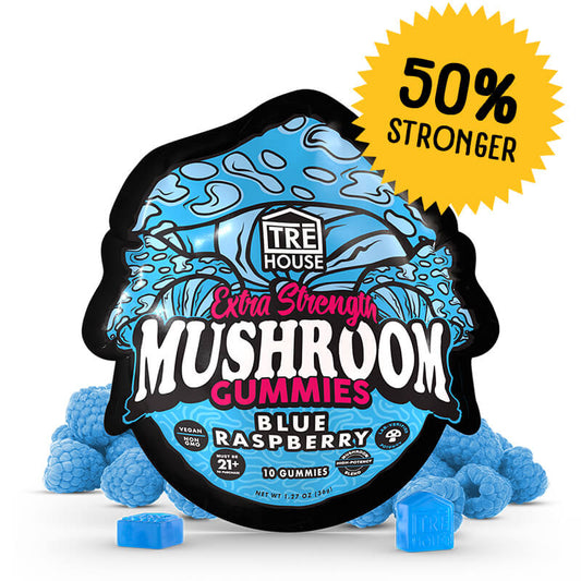 TRĒ House Blue Raspberry mushroom gummies, extra-strength 10 count bag, highlighting upgraded formula and bold blue raspberry flavor.