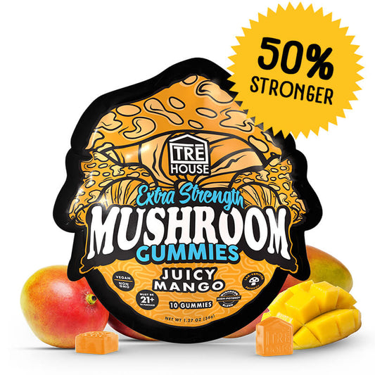 TRĒ House Juicy Mango mushroom gummies extra-strength 10 count bag highlighting upgraded formula and tropical mango flavor.