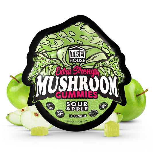 TRĒ House Sour Apple mushroom gummies, extra-strength, 10 count bag, highlighting upgraded formula and bold green apple flavor.