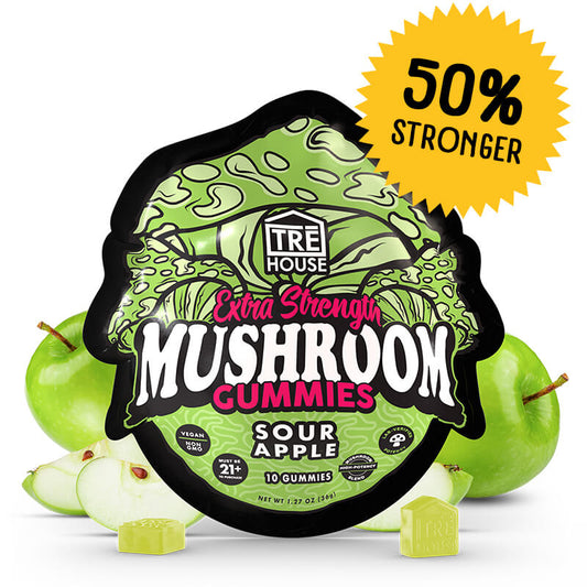 TRĒ House Sour Apple mushroom gummies, extra-strength, 10 count bag, highlighting upgraded formula and bold green apple flavor.