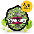 TRĒ House Sour Apple mushroom gummies, extra-strength, 10 count bag, highlighting upgraded formula and bold green apple flavor.