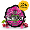 TRĒ House Sour Cherry mushroom gummies extra-strength 10 count bag highlighting upgraded formula and bold cherry candy flavor.