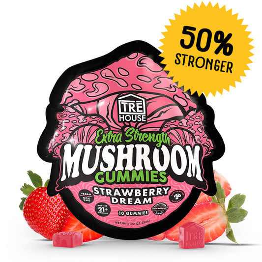 TRĒ House Strawberry Dream mushroom gummies, extra-strength 10 count bag, highlighting upgraded formula and strawberry flavor.
