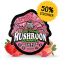 TRĒ House Strawberry Dream mushroom gummies, extra-strength 10 count bag, highlighting upgraded formula and strawberry flavor.
