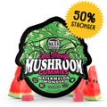 TRĒ House Watermelon Wonder mushroom gummies, extra-strength 10 count bag, highlighting upgraded formula and juicy watermelon flavor.