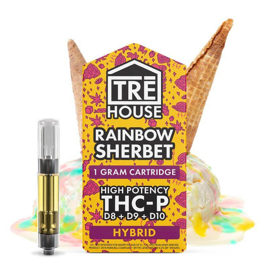 A photo render of Trehouse rainbow sherbert vape pen with THCP, Delta 8, Delta 10 and Delta 9.