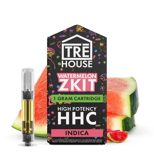 This is a photo rendition of Tre house 1 gram HHC cart with the strain watermelon ZKIT.