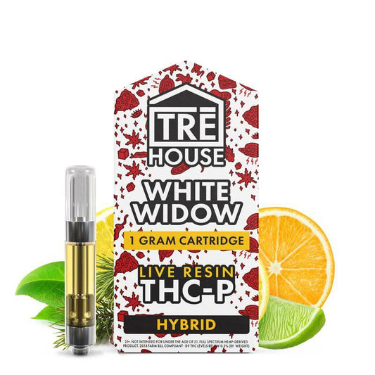 A product picture of Tre House hybrid white widow strain cart with THC-P.