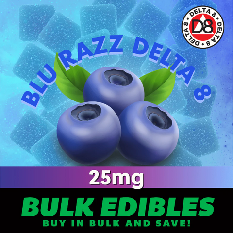 picture of the 25mg delta 8 gummies label for the flavor Blue Razz from Injoy Extracts