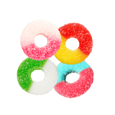 a picture of 4 flavor of gummy rings that are in the space gummies containg 50mg of HHC