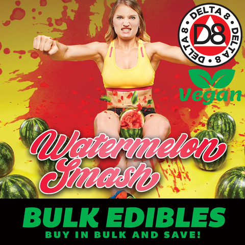 Picture of the label for the 25mg delta 8 gummy called watermelon smash