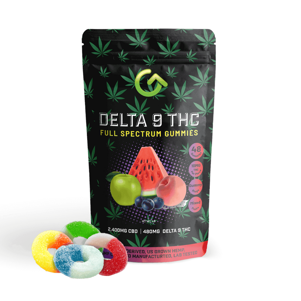 10mg delta 9 gummy rings that come in 4 flavors and are sold in a one pound bag with 48 rings per bag