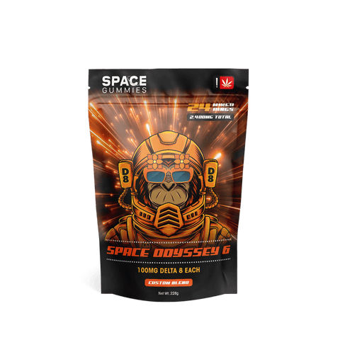 Space gummies 6 come with 100mg of delta 8 THC per gummy ring and come in 4 flavors; watermelon, apple, peach, and blue raspberry.