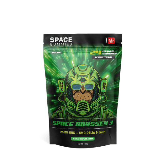 space gummies 3 are vegan and come with five flavors, strawberry, orange, pomegranate, raspberry, and apple. Each gummy has 25mg of HHC and 5mg of Delta 9 THC